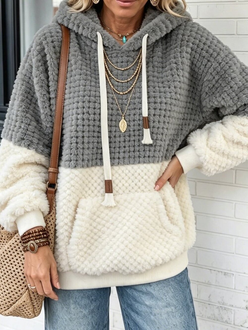 Grey Casual Women's Drawstring Pocket Fuzzy Loose Long Sleeve Pullovers